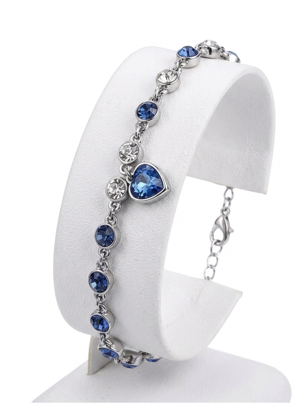 New Sterling Silver Heart Love White Swarovski Blue Sapphire Minimalist Bracelet